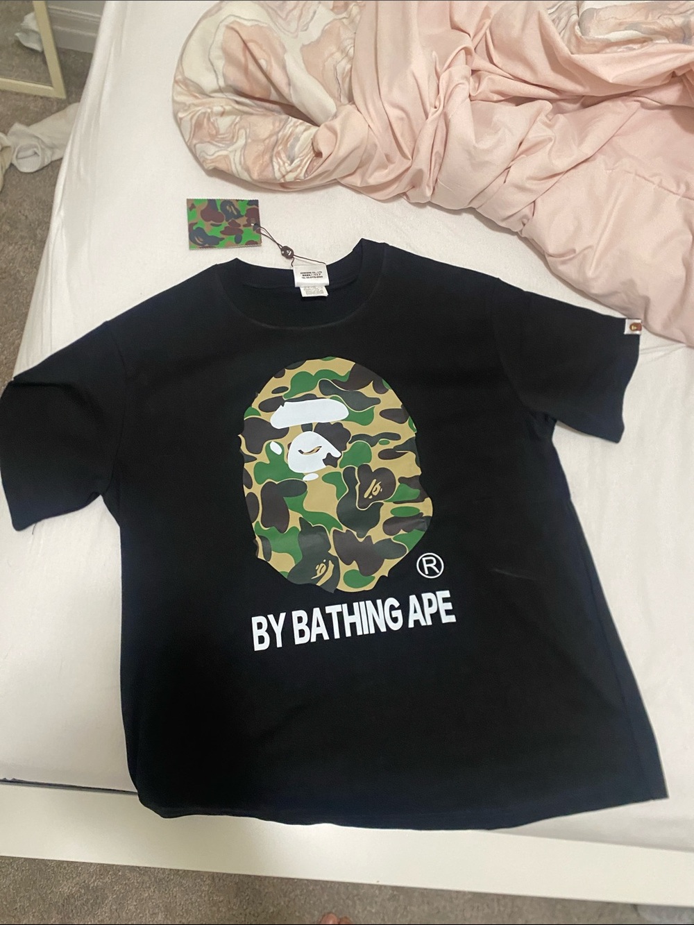 Bape Black Tee with Green Camo Ape Head Graphic